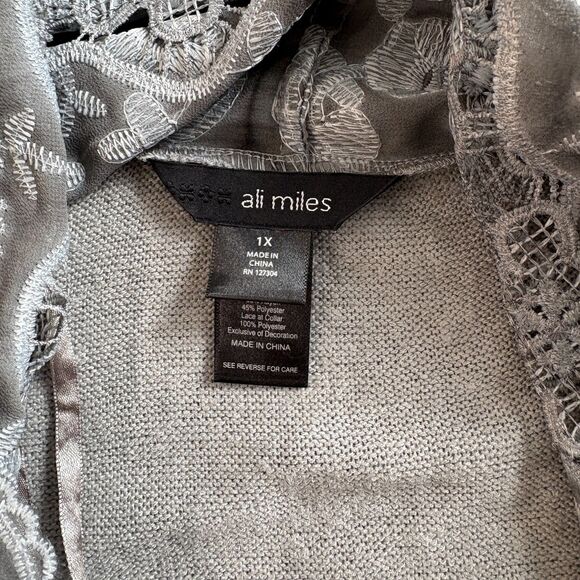 Ali Miles Lace Collar Open Front Cardigan Sweater 1X Gray Artsy Lagenlook Flowy - Picture 5 of 11